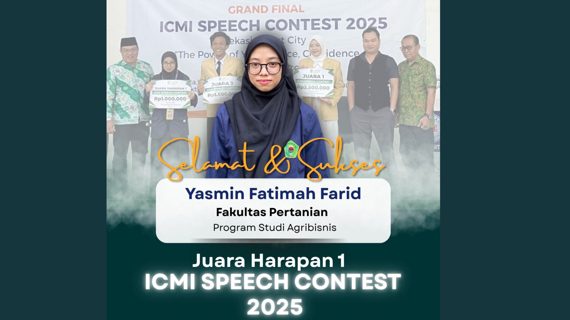 Yasmin Fatimah Farid, Mahasiswi Agribisnis UNISMA Bekasi Raih Juara Harapan 1 di ICMI Speech Contest 2025